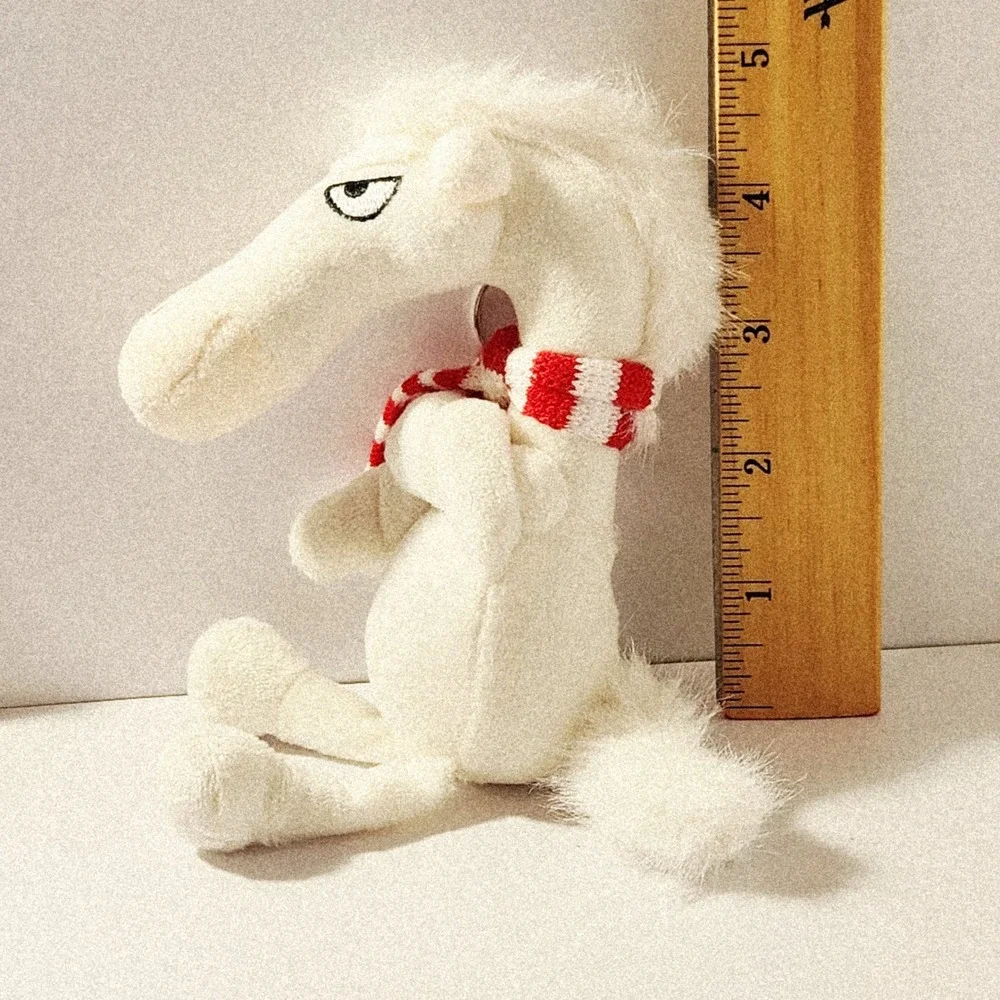 Grumpy White Horse Plush Keychain with Red Striped Scarf 5 Inch Bag Charm